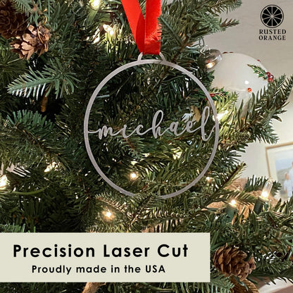 Minimalist Custom Ornaments (5 Pack; 4 inch) - Personalized Modern Metal Cursive Name Christmas Ornaments for Christmas Tree