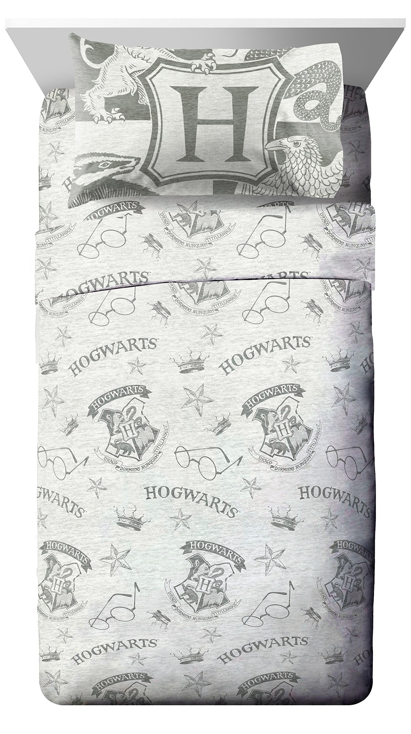 Jay Franco Kids Sheet Set with Fitted, Flat Sheets & Pillow Cover - Ultra-Soft Bedding with Pillowcase for Room Decor, Gray - Harry Potter, 4 Piece Full