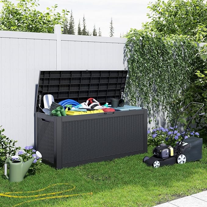 120 Gallon Resin Deck Box, Lockable Weatherproof Outdoor Storage Box for Furniture, Garden Tools and Tools Storage, Waterproof Outside Storage Boxes - Black