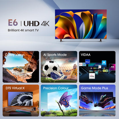 Hisense 50 Inch 4K Smart TV 50E6NTUK - Dolby Vision, Game Mode PLUS with 60Hz VRR ALLM, Smooth Motion, AI Sports Mode, Vidaa OS with Freely, Youtube, Netflix and Disney+ & Now TV (2024 Model)