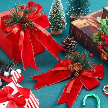 Syhood 6 Pcs Christmas Bows with Pine Cones Pine Needles Xmas Velvet Bows Red Ribbon Christmas Tree Wreath Decoration for Xmas Parties Indoor Outdoor Crafts DIY Decor