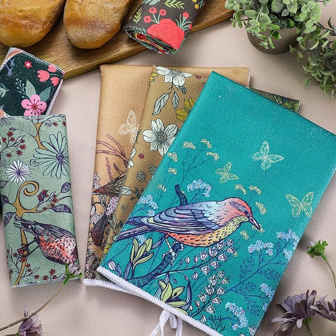 Geyoga 6 Pcs Spring Floral Kitchen Towels Flamingo Dish Hand Towels Sunflower