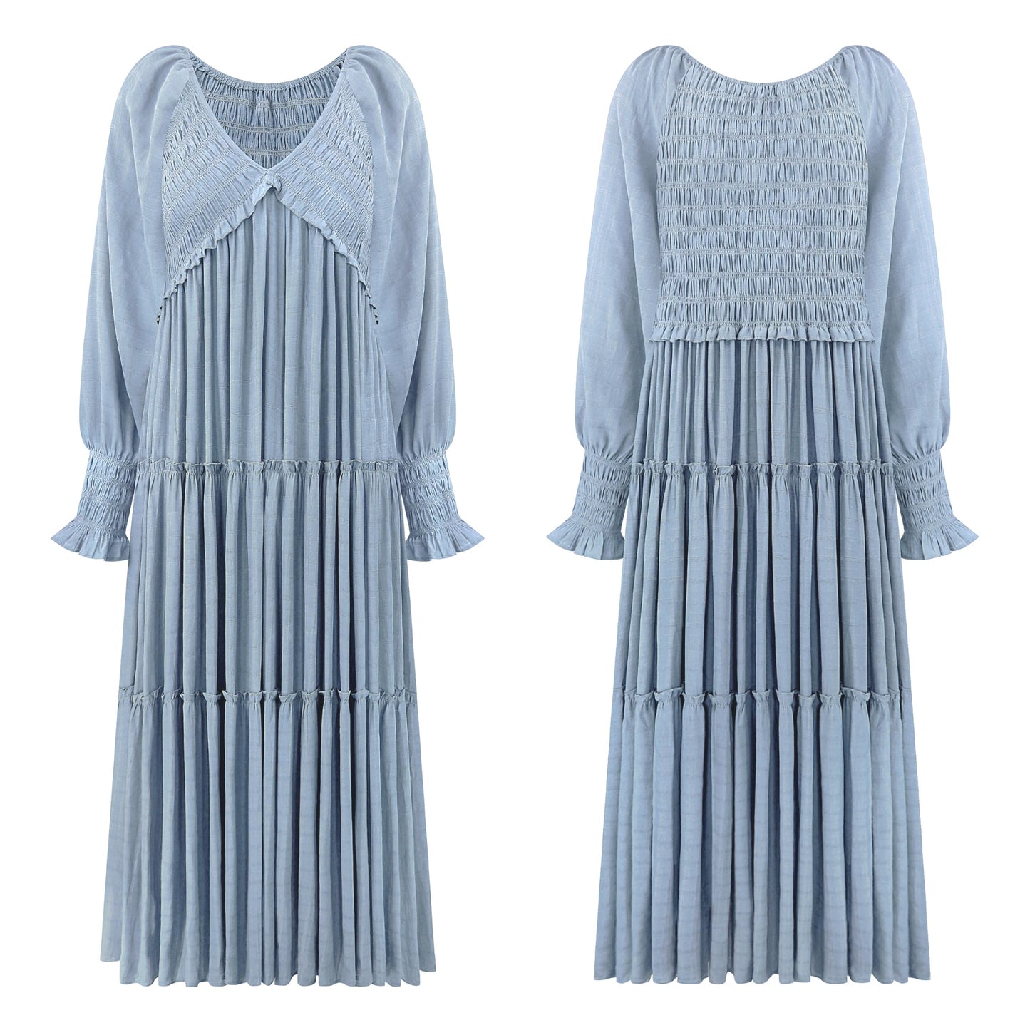 R.Vivimos Maxi Dress for Women Long Sleeve V Neck Empire Waist Layered Ruffle Boho Casual Flowy Long Dresses