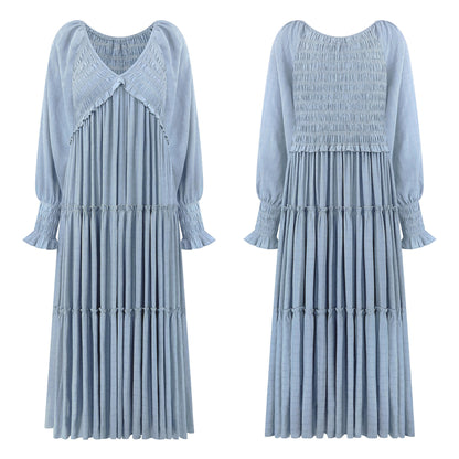 R.Vivimos Maxi Dress for Women Long Sleeve V Neck Empire Waist Layered Ruffle Boho Casual Flowy Long Dresses