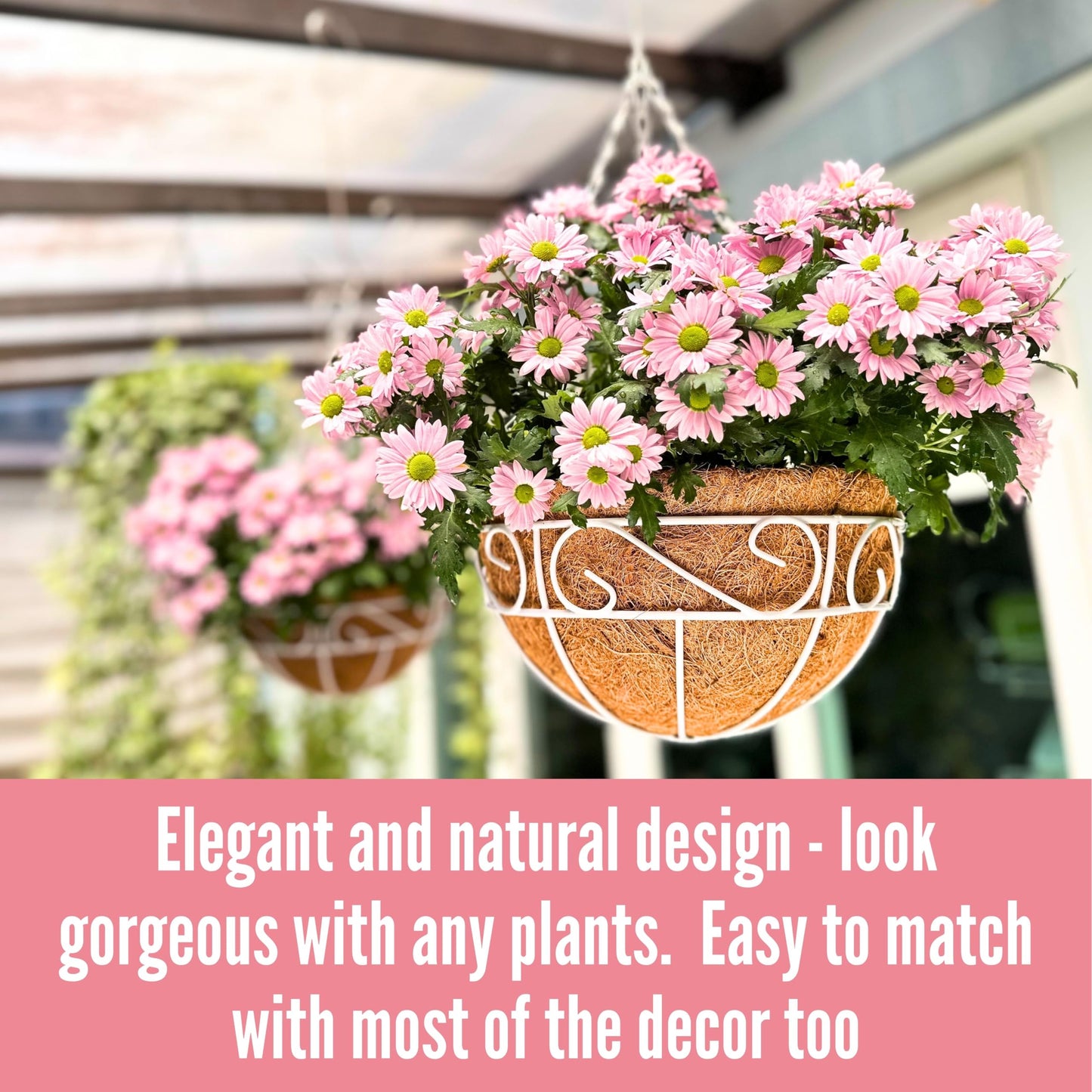 LaLaGreen Hanging Planter for Outdoor Plants (2 Pack, 12 Inch) White Hanging Baskets with Coco Liner, Metal Wire Flower Basket Pots with Hook Hanger Balcony Porch Farmhouse Country Style Garden Decor
