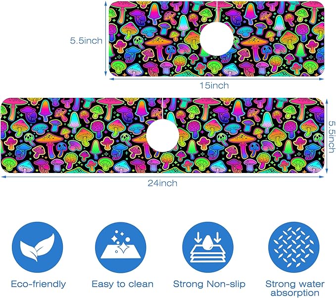 Bright Psychedelic Mushroom Kitchen Sink Splash Guard Mat Absorbent Fast Drying