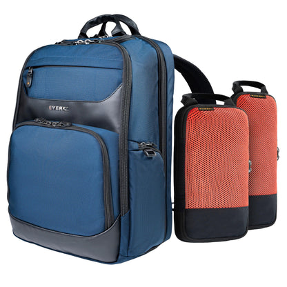 EVERKI Onyx Premium Business Executive Laptop Backpack + Compression Packing Cube Set (S & M), 36L Capacity, 17.3" Laptop Compartment, Durable Water-Repellent Nylon & Leather Office Backpack - Navy