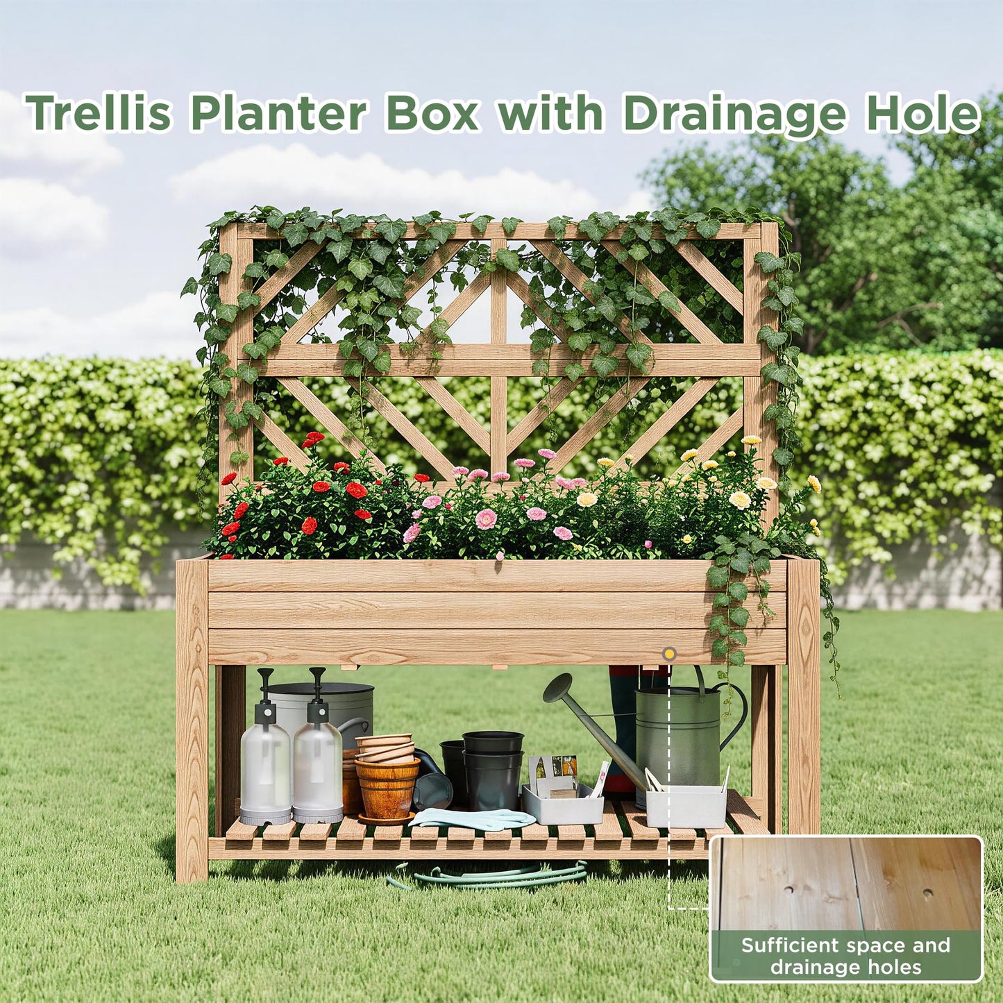 Vabches Wooden Elevated Raised Garden Bed with Trellis,47x24x55 in Planter Box with Legs and Storage Shelf,FreeStanding Gardening Planter for Flower Herb Vegetable Fruit Climbing Vines