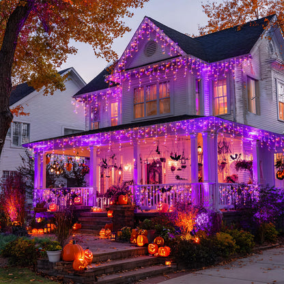 JMEXSUSS 400 LED Orange and Purple Christmas Lights Outdoor, 38.8 FT Orange and Purple Icicle Light Outdoor Waterproof, 8 Modes Halloween Lights Plug in for House Christmas Party Decorations