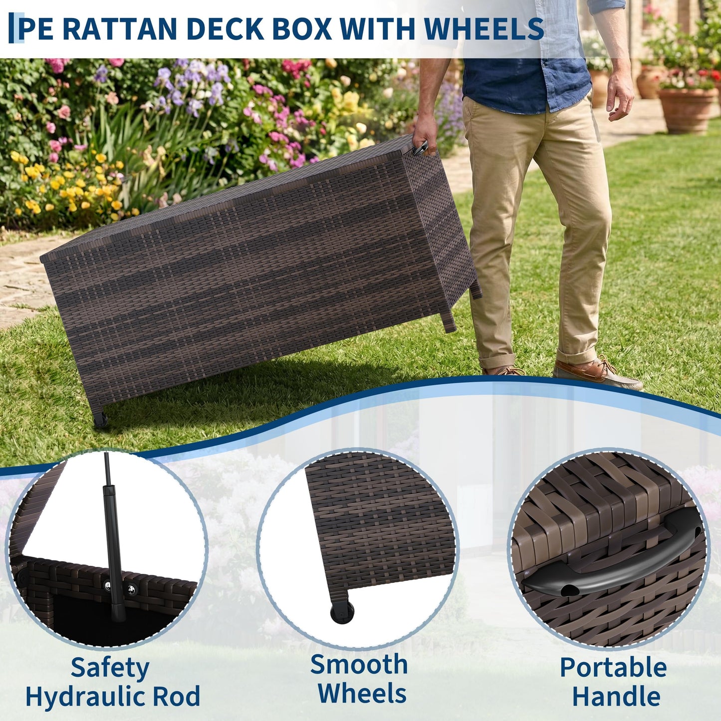 125 Gallon Outdoor Wicker Deck Box, All-Weather Waterproof Patio Storage with PE Rattan Finish & Steel Frame, for Cushions, Garden Tools, Pool Supplies, Lockable Brown Storage Box with Soft-Close Lid