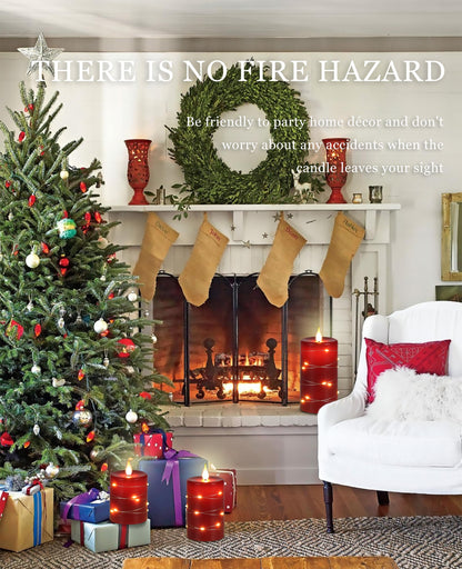 Da by Red Flameless Candles with String Lights, Battery Operated Candles with Remote Control and Timer,Flickering LED Pillar Candles for Home Décor,Real Wax,3 Pack -Red