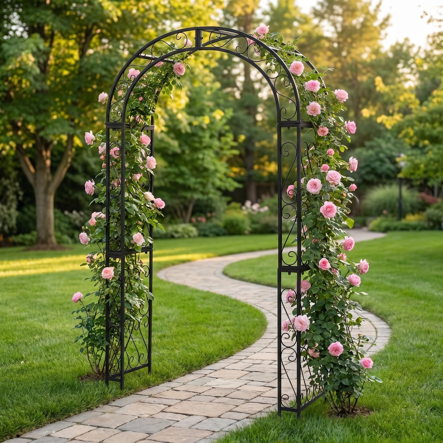 Flohover 48.8" W x 83.8" H Garden Arch, Black Sturdy Metal Iron Arbor, Courtyard Cast Trellis for Various Climbing Plant, Outdoor European-Style Archway Wedding Ceremony Party