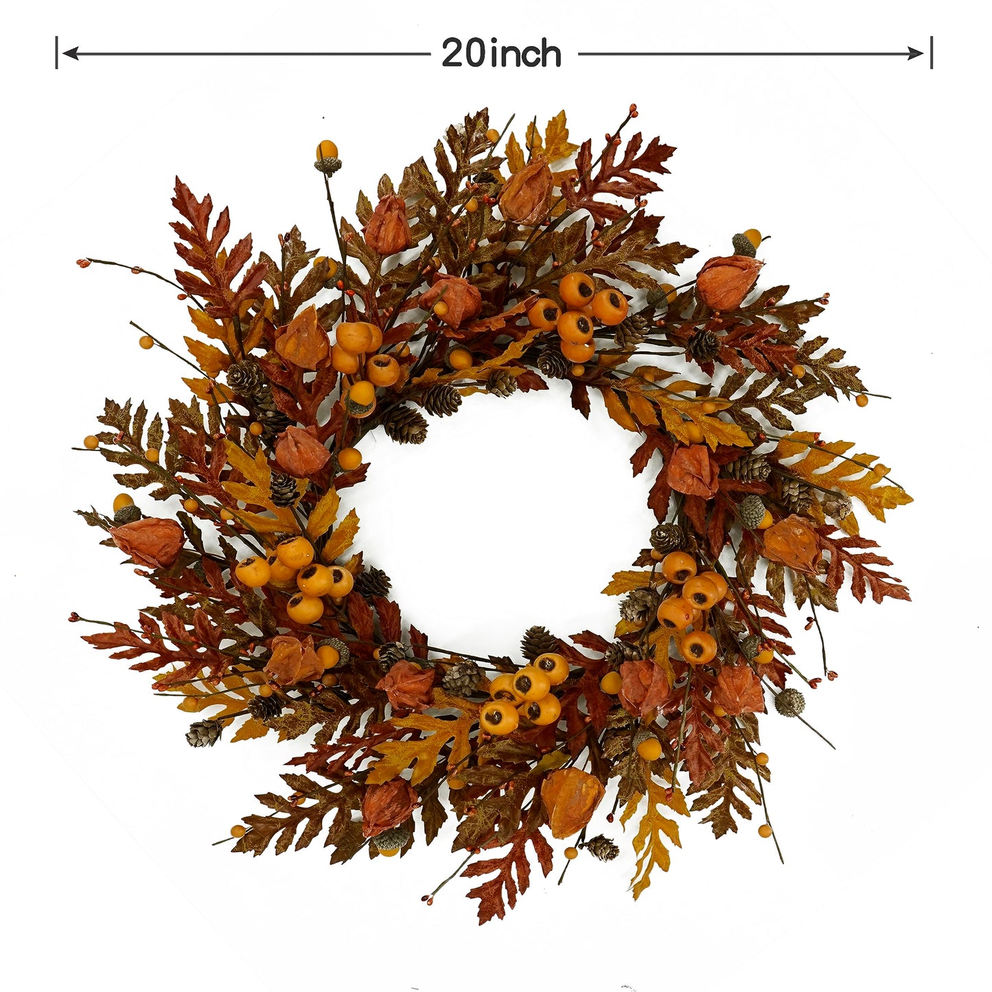 WreathDream 20 inch Fall Wreath Autumn Oak Leaves Wreath with Cape Gooseberry,Oak Leaf,Acorn,Berry,Pine Cone for Front Door Farmhouse Indoor Outdoor Festival Home Decor