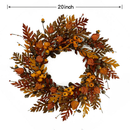 WreathDream 20 inch Fall Wreath Autumn Oak Leaves Wreath with Cape Gooseberry,Oak Leaf,Acorn,Berry,Pine Cone for Front Door Farmhouse Indoor Outdoor Festival Home Decor