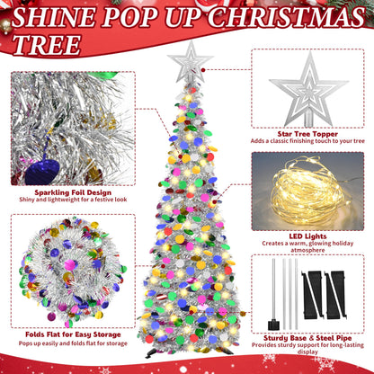 Lavwix 5 FT Pop Up Christmas Tinsel Tree with 50 LED Lights & Remote, Star Topper, Easy Assembly with Stand, Collapsible Prelit Christmas Pencil Tree for Xmas Home Party Decor (Silver)