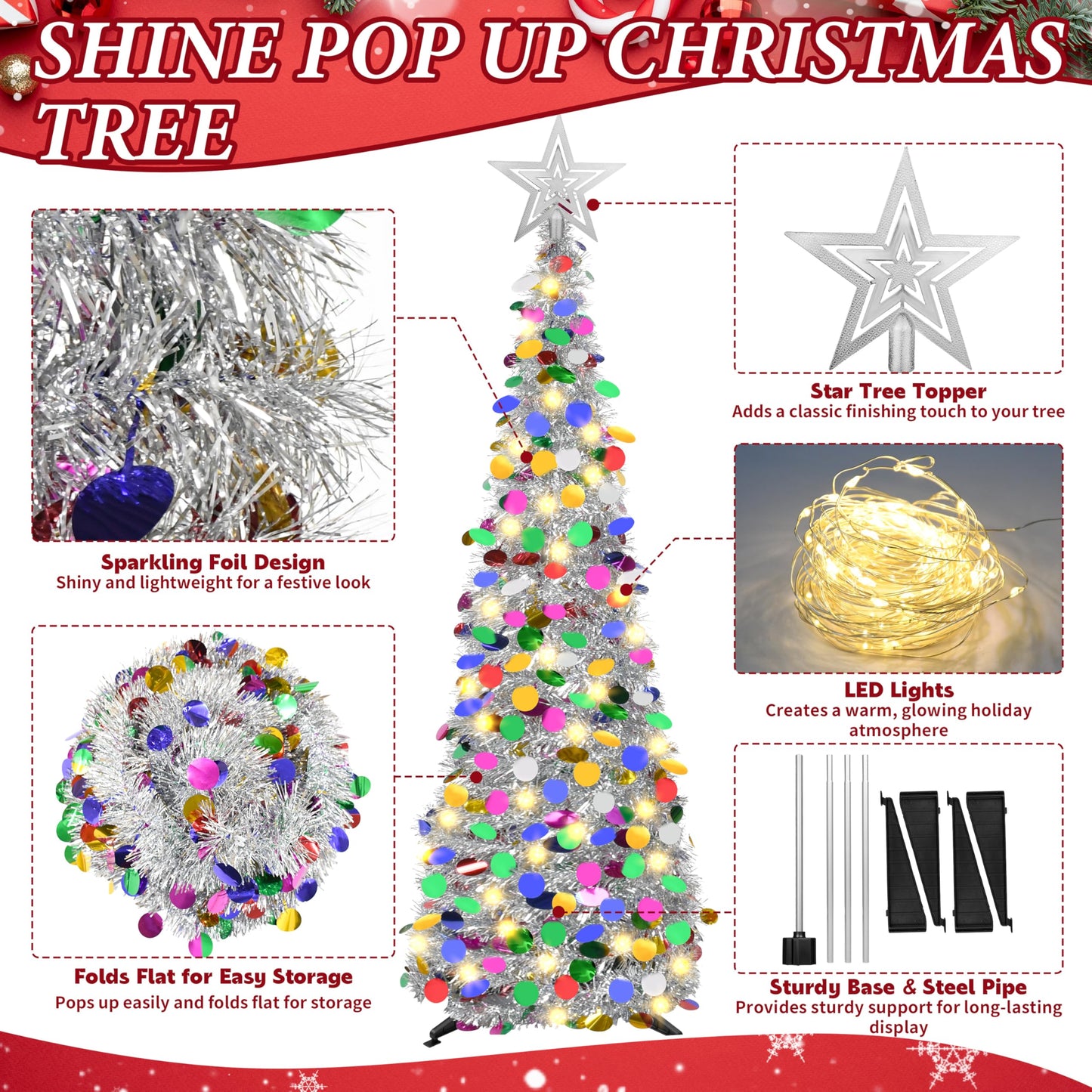 Lavwix 5 FT Pop Up Christmas Tinsel Tree with 50 LED Lights & Remote, Star Topper, Easy Assembly with Stand, Collapsible Prelit Christmas Pencil Tree for Xmas Home Party Decor (Silver)