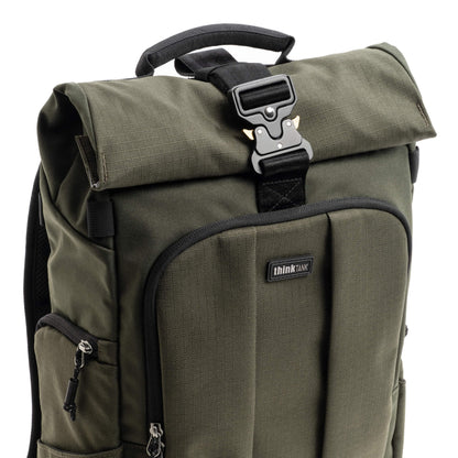 Think Tank FocusPoint 22L RollTop Camera Backpack - Greenway: Expandable Travel & Camera Backpack with Laptop Sleeve, Quick Side and Back Access, Rain Cover – Versatile Photography & Travel Bag
