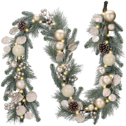 Valery Madelyn 6 Ft Pre-Lit Christmas Garland with Lights for Mantle, Lighted Outdoor Xmas Garland with White Gold Balls Norfolk Pine for Home Stairs Fireplace Table Centerpiece Indoor Holiday Decor