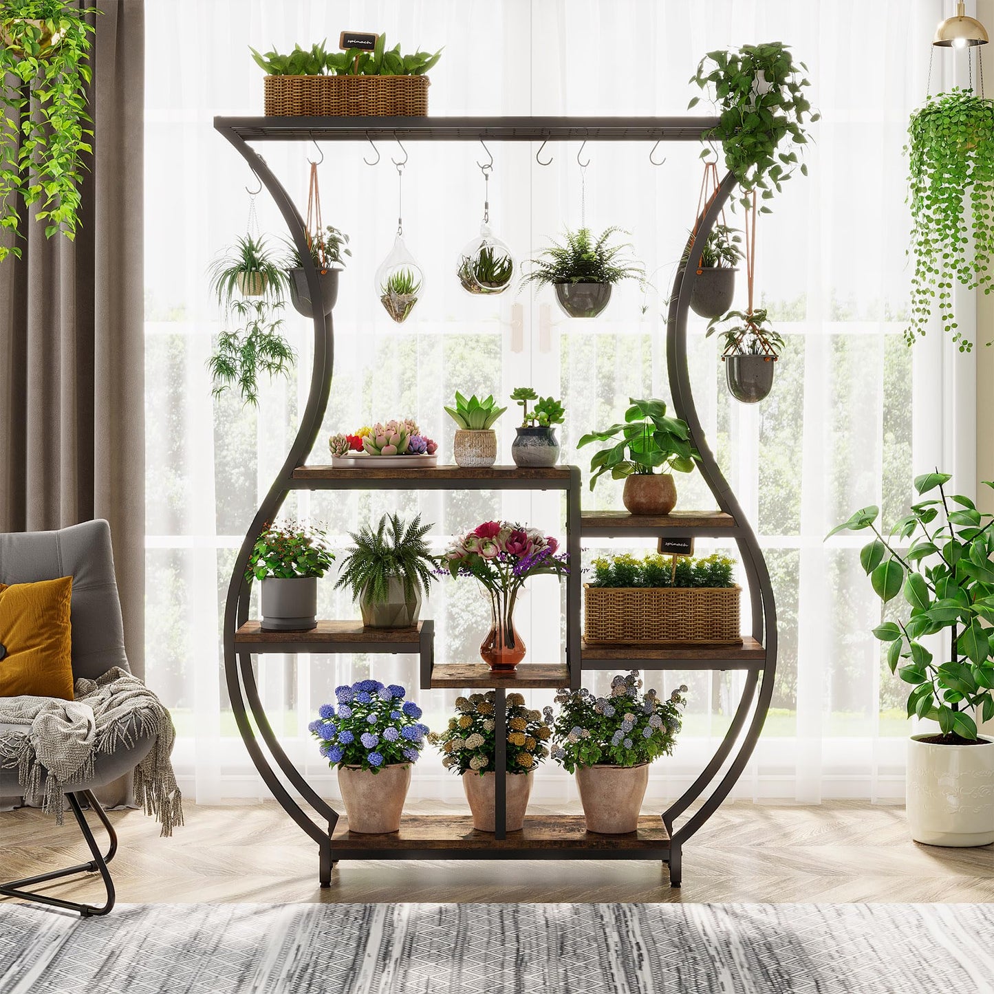 Tribesigns 6-Tier Plant Stand, 70.9 Inch Tall Plant Shelf with 10 Hanging Hooks, Vase Shape Ladder Plant Stand, Multi-Purpose Plant Display Rack for Indoor, Balcony, Living Room, Brown and Black