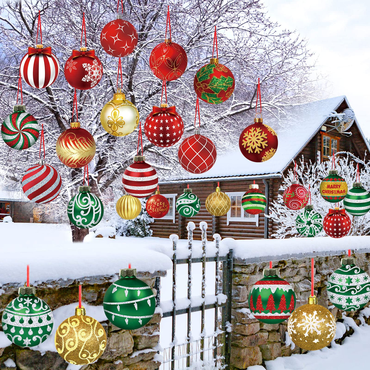 Rtteri 30 Pcs Large Christmas Ball Shape Ornaments for Outdoor 4.9 Inch Double Sided Plastic Christmas Hanging Ornaments Balls for Xmas Tree Indoor Outdoor Porch Yard Supplies