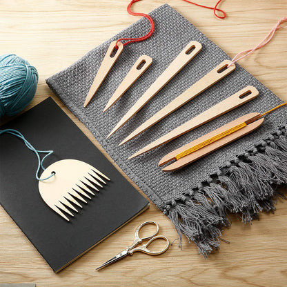 7 Piece Wood Hand Loom Stick Set - Include 5 Wooden Weaving Needles, Shuttles, Stick & Comb for Knitted Crafts DIY