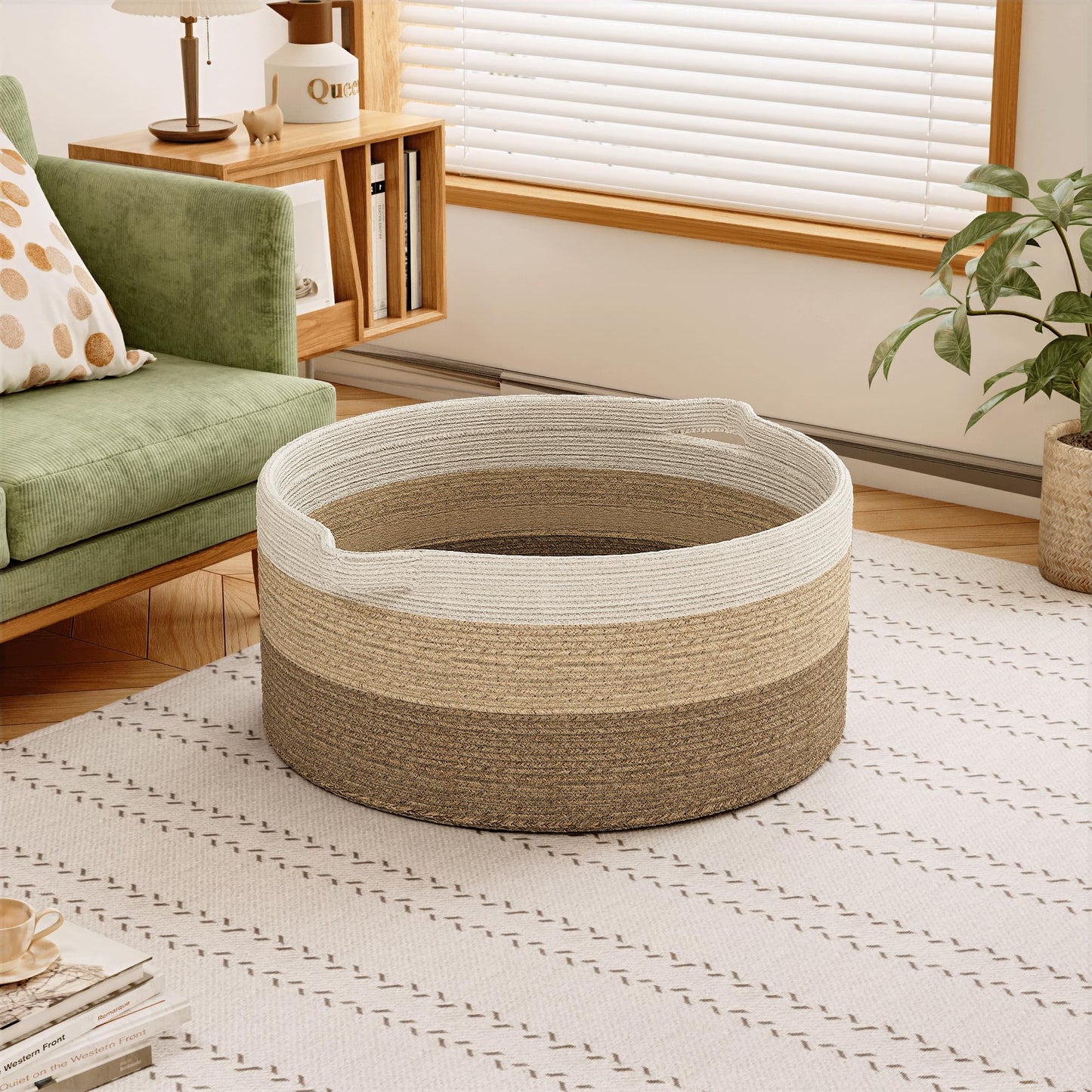 GOPAS 125L Extra Large Blanket Basket, 25" x 16", Jumbo Laundry Woven Cotton Rope Basket with Handles, Baby Toy Storage, Gradual Brown