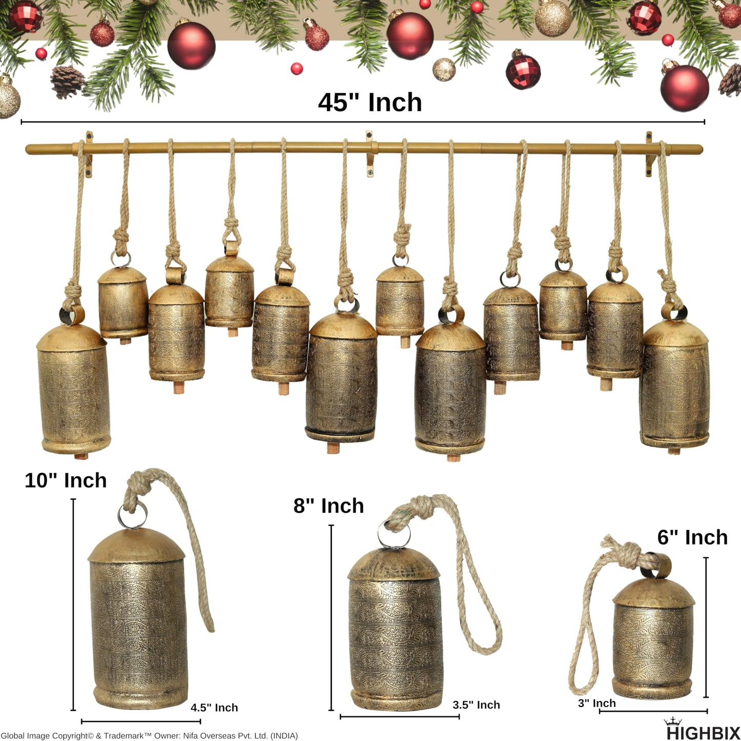 HIGHBIX Shabby Chic Floral Etching Bells on Metal Hanging Rod X-Large Handmade Farmhouse Decor, Garden Accents, and Christmas Holiday Decorations
