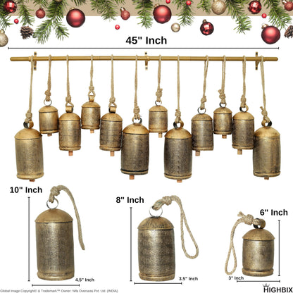 HIGHBIX Shabby Chic Floral Etching Bells on Metal Hanging Rod X-Large Handmade Farmhouse Decor, Garden Accents, and Christmas Holiday Decorations