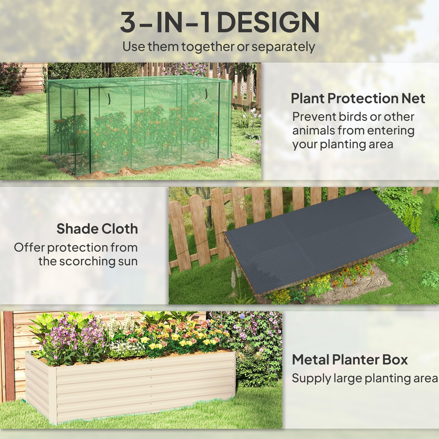 Outsunny 7.3 x 3.4 x 2 ft Galvanized Raised Garden Bed with Crop Cage Plant Protection Net and Shade Cloth Roof, Metal Planter Box with Cover for Vegetables, Flowers, Herbs, Beige