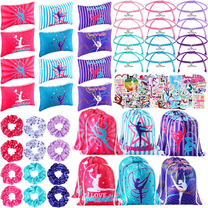 Abbylike 49 Pcs Gymnastics Party Favor Set 12 Makeup Bag 12 Bracelet 12 Drawstring Backpack 12 Hair Ties 1 Set Gymnastic Stickers for Women Girl Gym Sport Yoga
