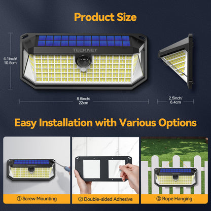TECKNET 416 LED Solar Lights Outdoor Garden 4200Lm, Motion Sensor Garden Lights, 300° Angle & 3 Lighting Modes, Security Outdoor Wall Light IP66 Waterproof for Fence Front Door Yard Garage, 2 Packs