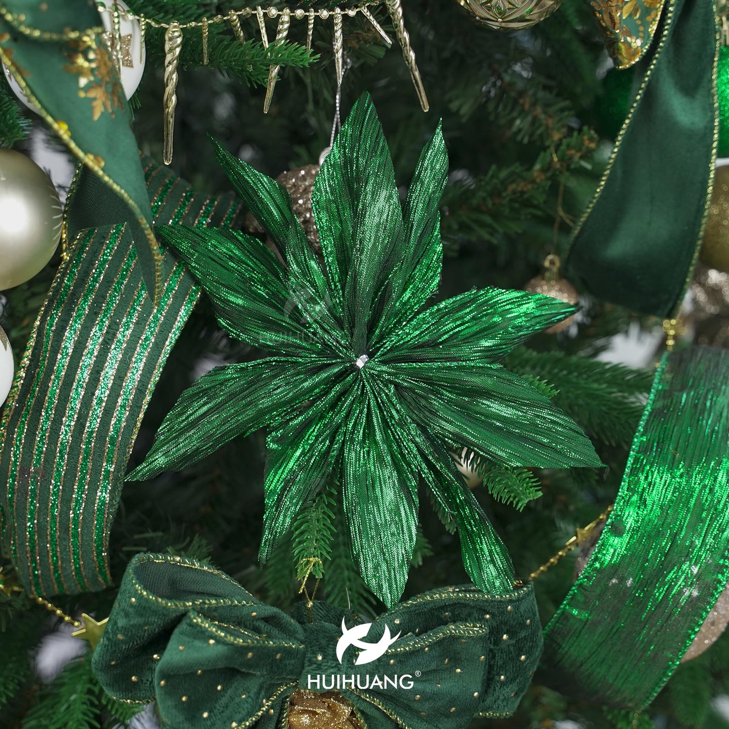 HUIHUANG Christmas Ribbon Wired Green Velvet Christmas Tree Ribbon Green and Gold Wired Ribbons for X-mas Tree, Wreath, Garland, Bows, Home Decor (2-1/2" X 6 Rolls, 36 Yds Total)