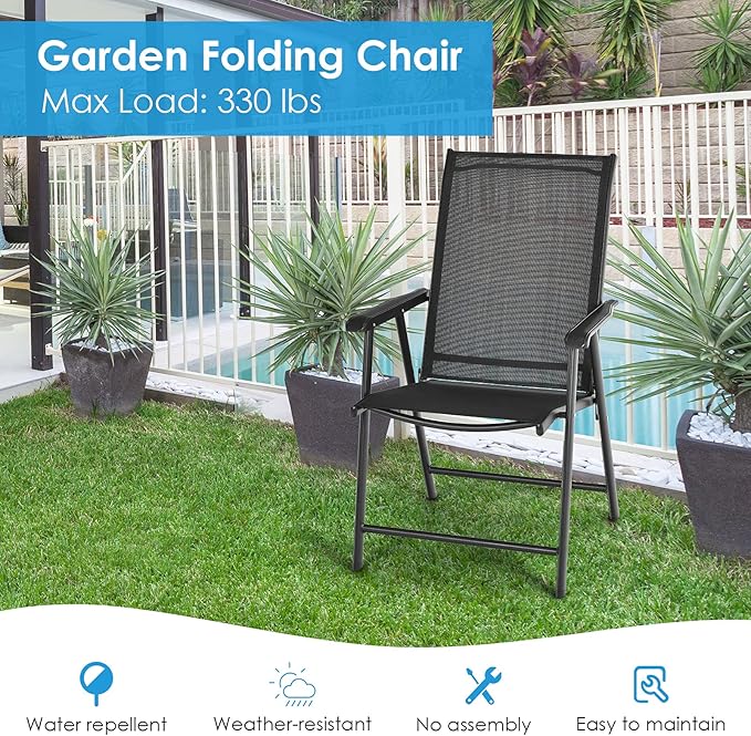 Giantex Set of 4 Patio Folding Chairs, Outdoor Chairs with Armrest, Portable Dining Chairs for Porch Camping Pool Beach Deck Lawn Garden, 4-Pack Patio Chairs, Metal Frame, Black