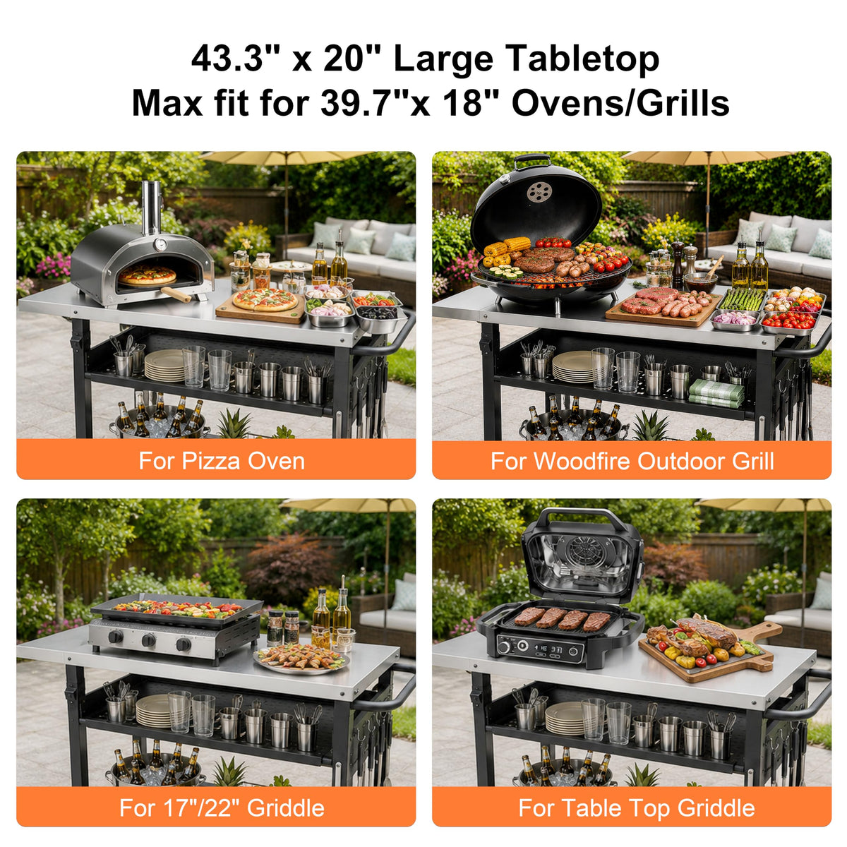 Outdoor Grill Cart for Blackstone/Ooni/Ninja, 43.3"x20" Stainless Steel Outdoor Grill Table with Propane Tank Mount & Wheels, Movable Outdoor Cooking Table with Storage for Pizza Oven, Patio, Camping