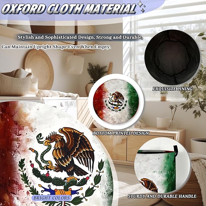 Vintage Mexican Flag Laundry Basket Oxford Cloth Foldable Mexico Laundry Hamper