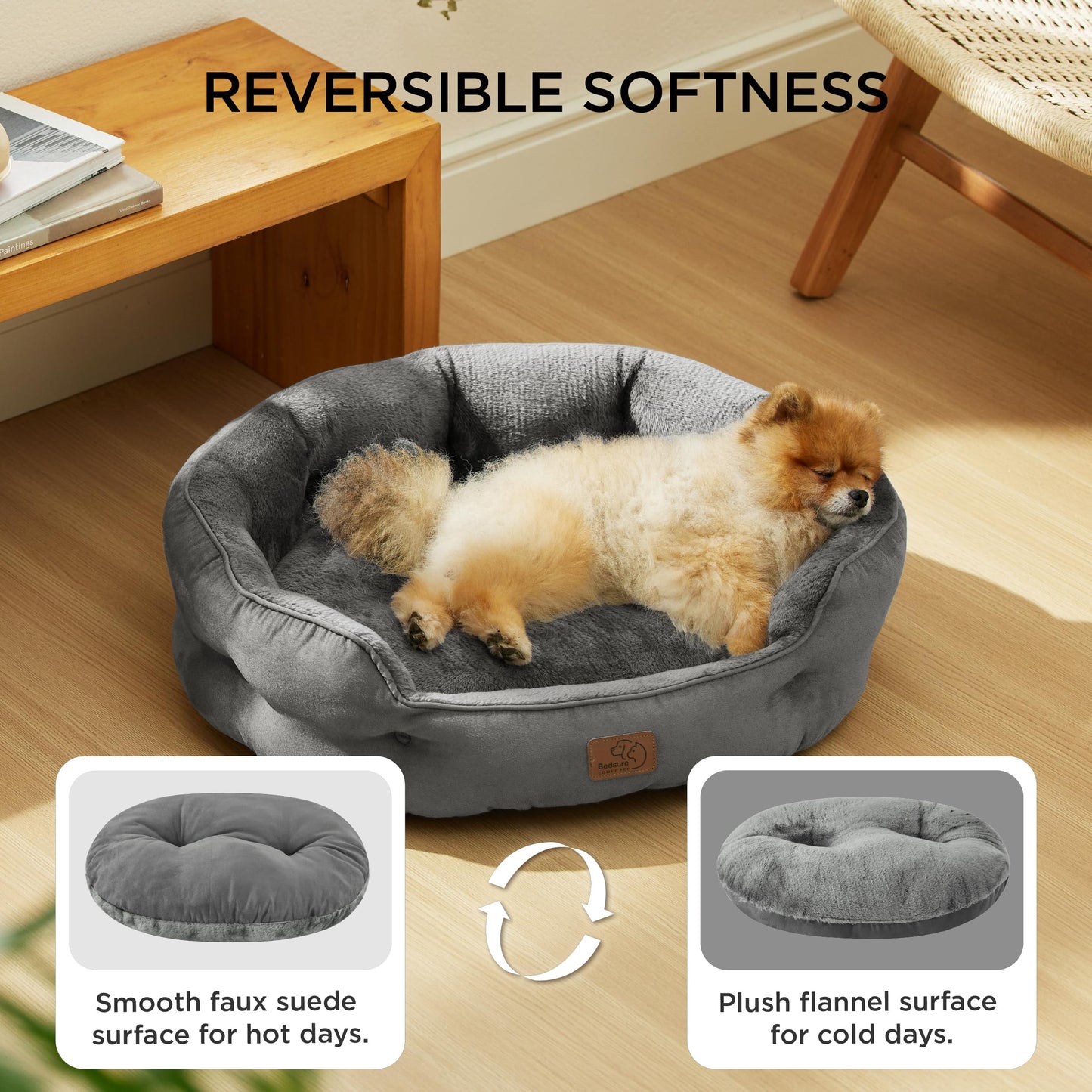 Bedsure Large Cat Beds - 63x53x20cm Round Washable Dog Bed for Small Dogs, Pet Bed for Small Dog and Puppy with Slip-Resistant Bottom and Reversible Cushion, Grey