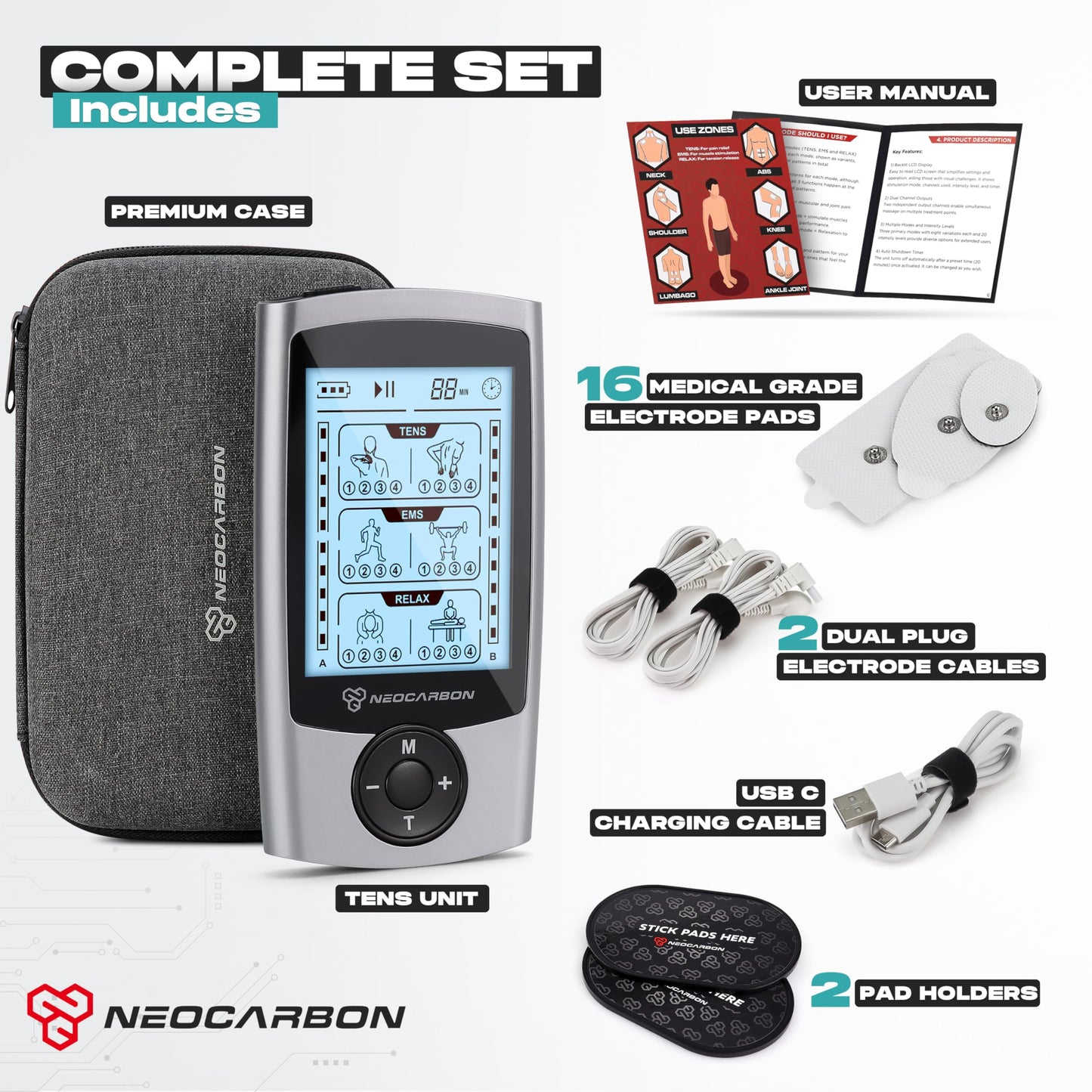 TENS Unit Muscle Stimulator, EMS Massager Machine for Shoulder, Neck, Sciatica and Back Pain Relief, Electronic Pulse Massage Physical Therapy, Silver