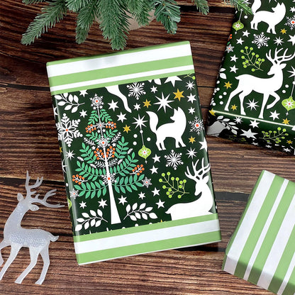 EWES Green Christmas Wrapping Paper Rolls, Matte Elegant Heavy Duty Premium Gift Wrap, Aesthetic Pattern with Christmas tree, Reindeer and Fox, Reversible, Total 48.6sq.ft