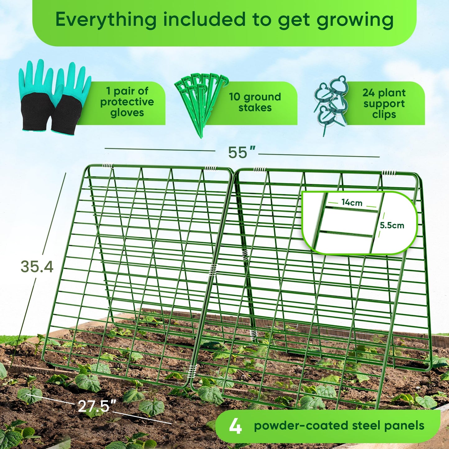 GOLETIO Cucumber Trellis for Raised Bed - 35" x 55" Garden Trellis for Climbing Plants Outdoor - A Frame Trellis for Climbing Vegetables with Plant Support Clips and Gloves
