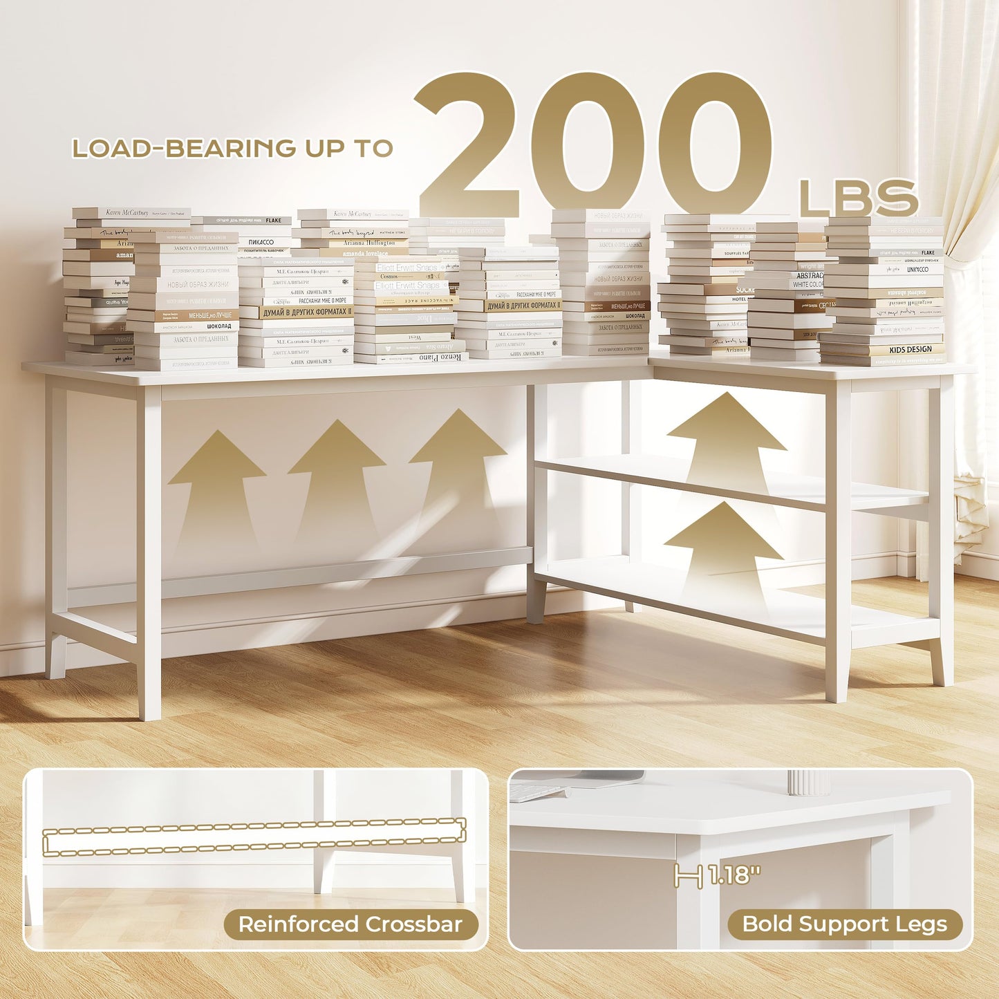 IOTXY Reversible L-Shaped Office Desk - 63" Extra Large Corner Computer Table with Storage Shelves, Solid Wood Legs, Home Writing & Study Workstation, White