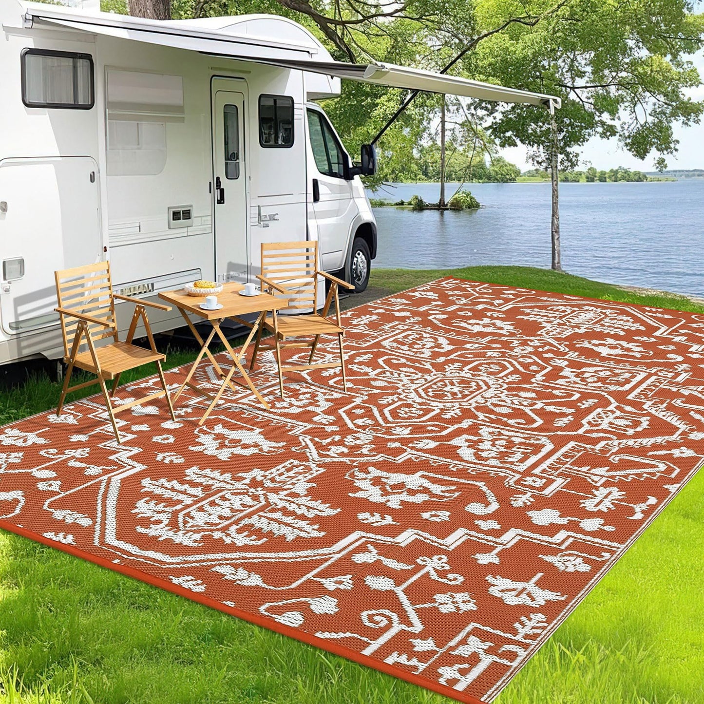 GlowSol Large 9x18 Outdoor Rug for Patios Waterproof Clearance Reversible Patio Mat Plastic Straw Rug RV Camping Mat Outside Carpet for Camping RV,Porch,Deck,Balcony,Camper,Backyard,Beach,Orange