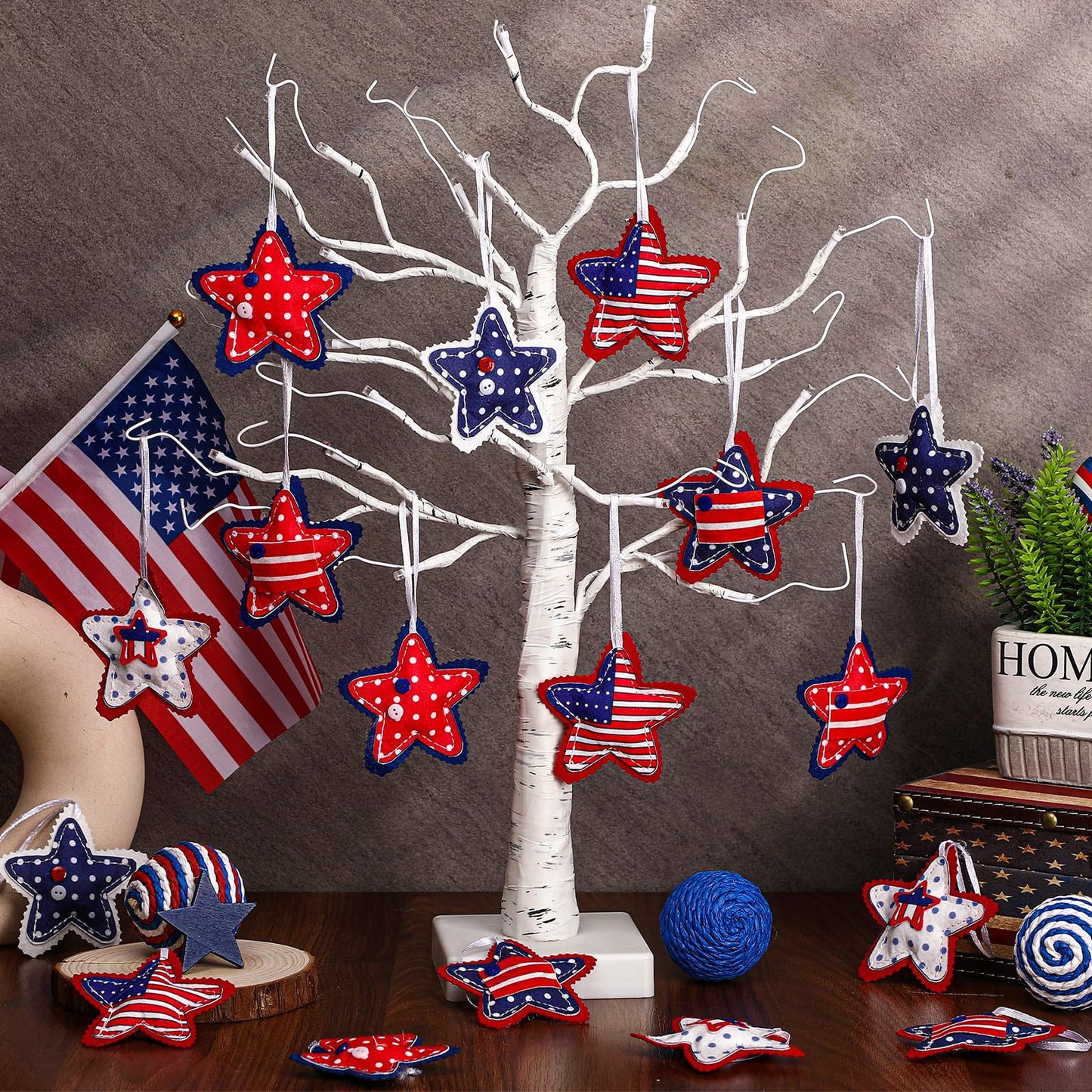 Geelin 18 Pcs Patriotic 4th of July Ornaments Patriotic Red Blue White Decoration for Tree Felt Star 250th Anniversary USA American Flag Tree Decorations 2.36 Inch Hanging Stars for Party Decor