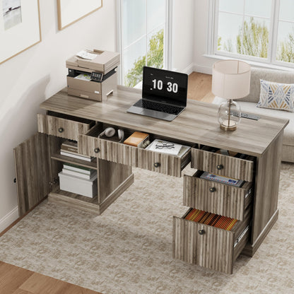 Garvee 60" Office Desk with Storage & Drawers. Fluted Wood Computer Desk with Power Outlet & Adjustable Shelves.Modern Executive Desk for Home Office/Bedroom/Gaming-Grey