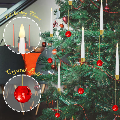 JOIONE Flameless Christmas Tree Candles with Remote, 12 Pack Battery Operated LED Candles for Christmas Tree Flickering Flame for Xmas Indoor Decor - Glass Red Crystal Ball