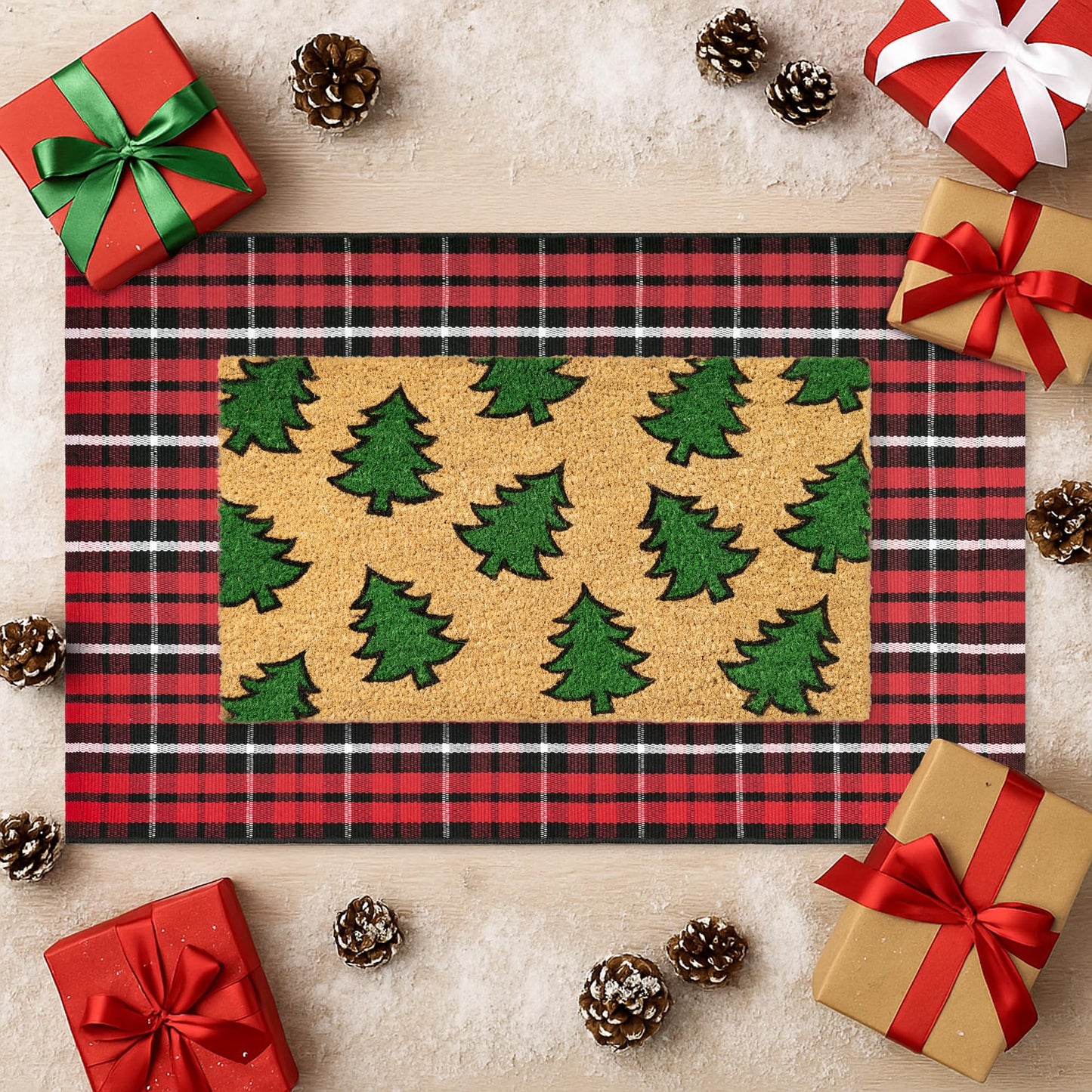 Christmas Door Mat Set 2-Piece, 17"x30" Coir Welcome Mat with Green Tree Pattern and 28"x43" Red Black White Check Rug, Layered Front Porch Combo for Holiday Entryway Outdoor Decor