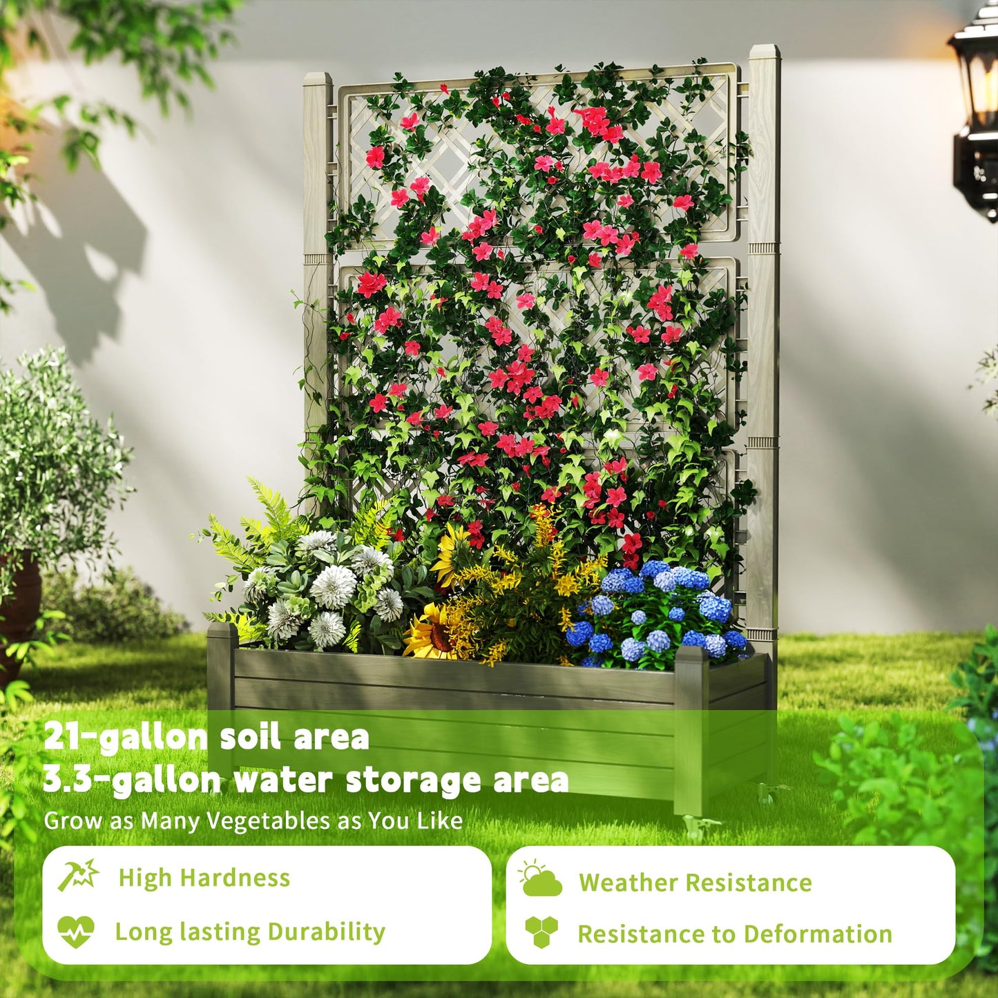 GYMHILL Elevated Raised Garden Bed with Trellis,Outdoor Large Resin Patio Planter Box with Lockable Wheels Drain Plug,Water Monitor for Plants Vegetables Flowers Fruits (Grey, 43.43 * 18.27 * 64.29)