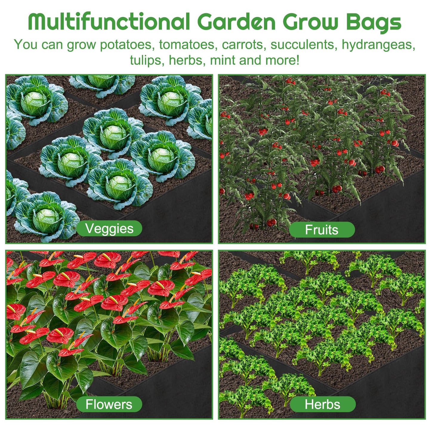 Hlimior 58 Gallon Fabric Raised Garden Bed, 4x1x1ft Large Garden Grow Bag Outdoor 8 Grids Planter Box Felt Planting Container for Growing Tomatoes Potatoes Plants Flowers, Black(1, Medium)
