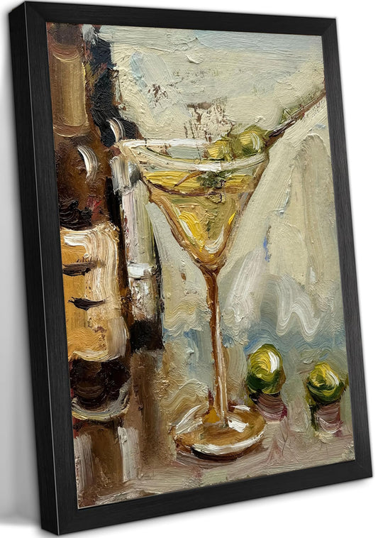 Framed Vintage Olive Martini Glass Cocktail Canvas Wall Art Still Life Bar Cart Paiting Pictures Wall Decor Posters Print for Kitchen Bar Cart Dining Room Home Decoration