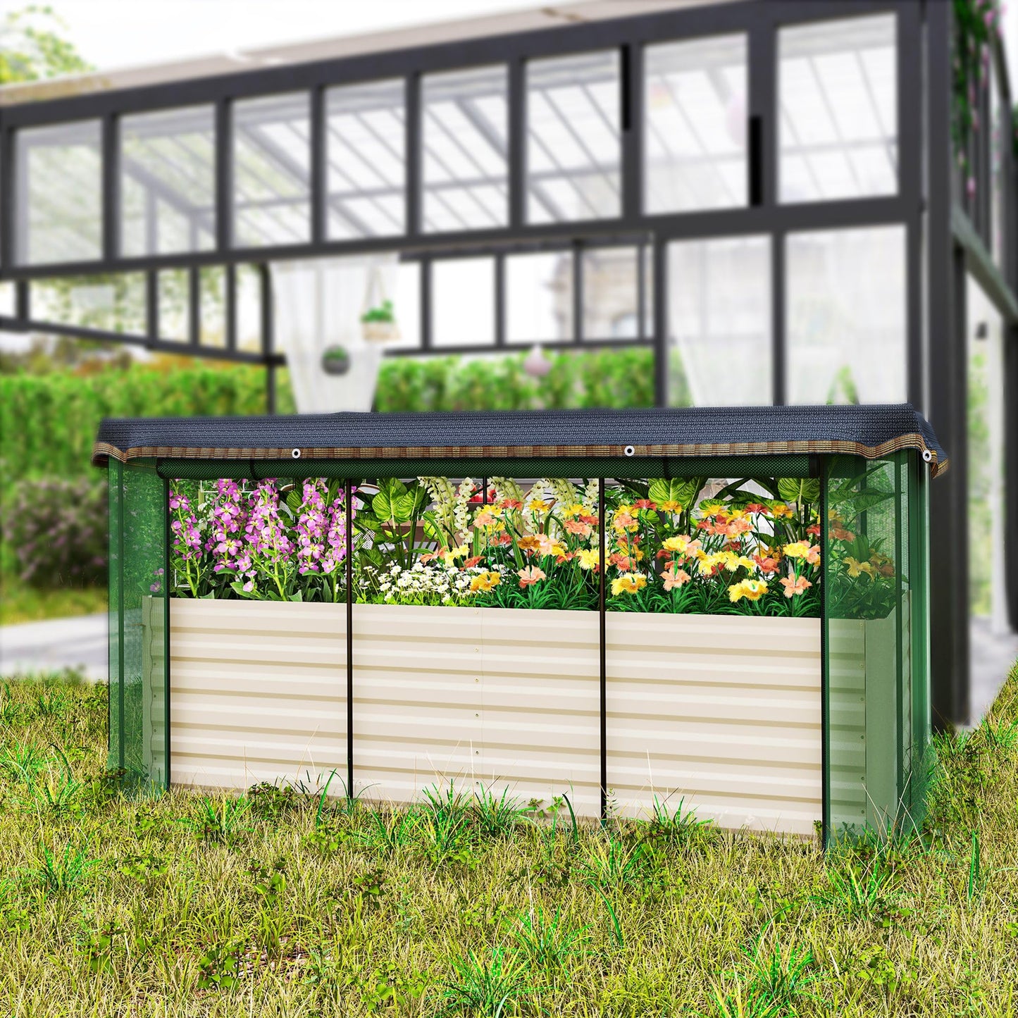 Outsunny 7.3 x 3.4 x 2 ft Galvanized Raised Garden Bed with Crop Cage Plant Protection Net and Shade Cloth Roof, Metal Planter Box with Cover for Vegetables, Flowers, Herbs, Beige