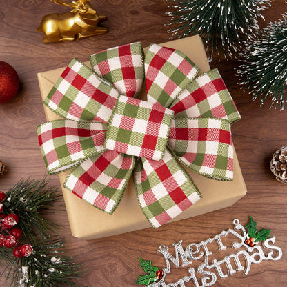 Whaline 2 Rolls Wired Edge Plaids Ribbon - Christmas Buffalo Check Red Green, 2.5 Inch Farmhouse Craft for DIY Gift Wrapping, Wreath, Xmas Tree Bow Decoration, 10 Yards